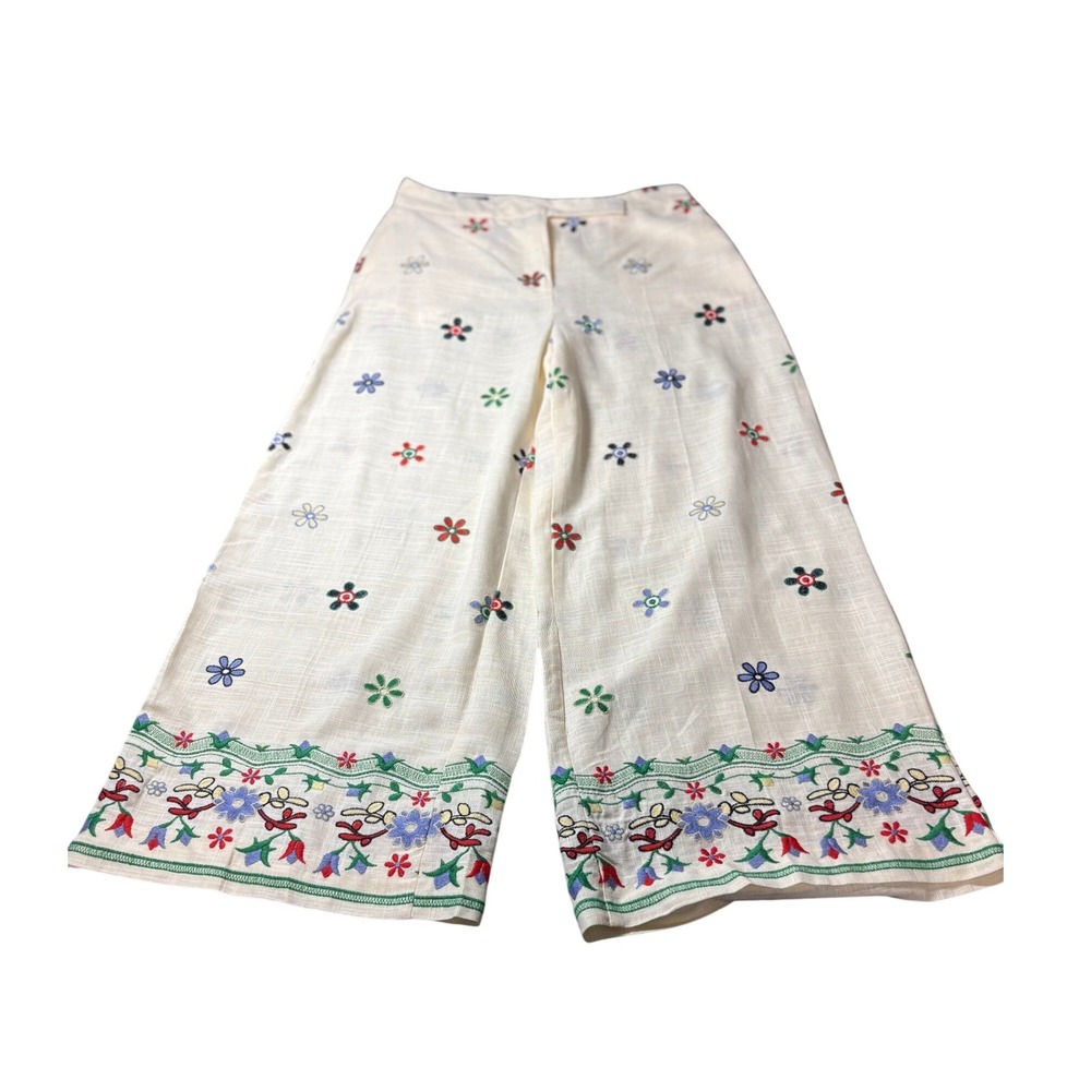 Zara Women's M Floral Embroidered Wide Leg Pants Cream Boho High Rise